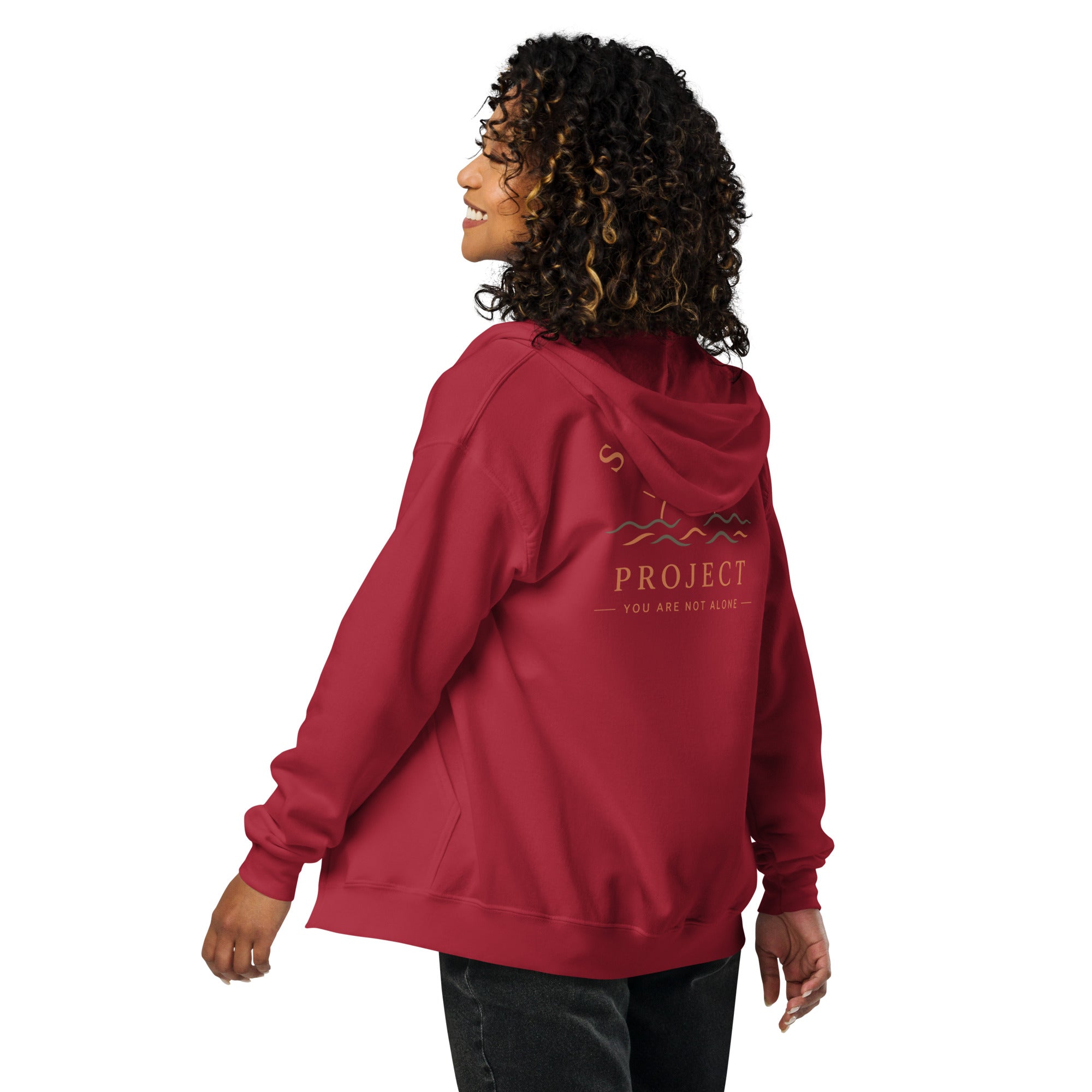 Sunshine Project You Are Not Alone zip-up hoodie in cardinal red – back view