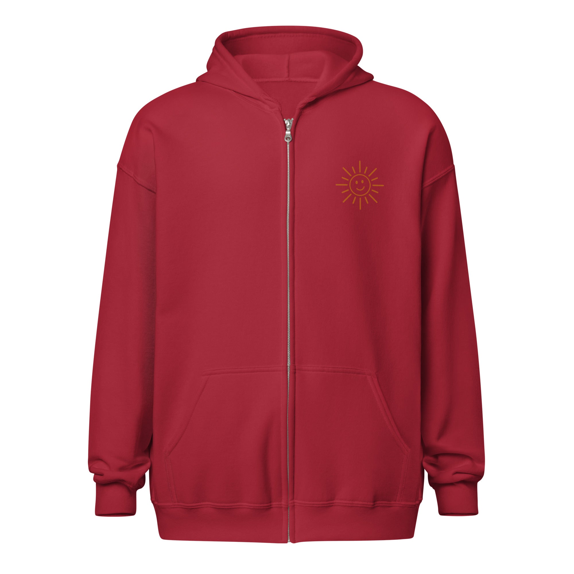 Sunshine Project You Are Not Alone zip-up hoodie in cardinal red – front view