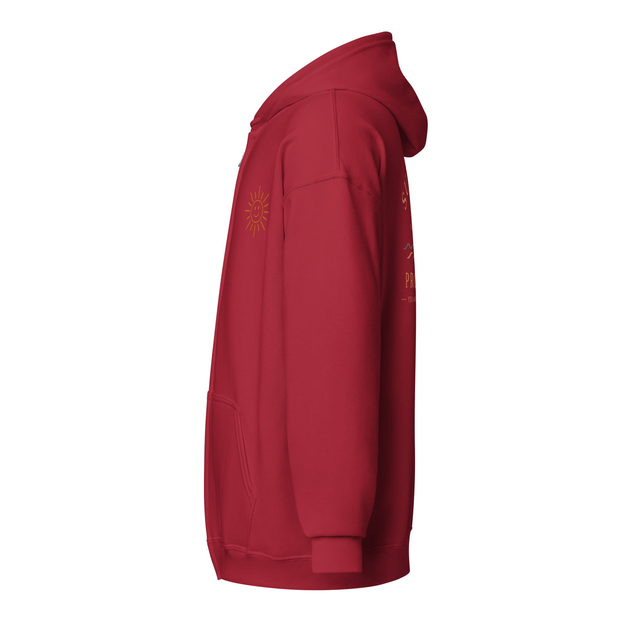 Sunshine Project You Are Not Alone zip-up hoodie in cardinal red – left view
