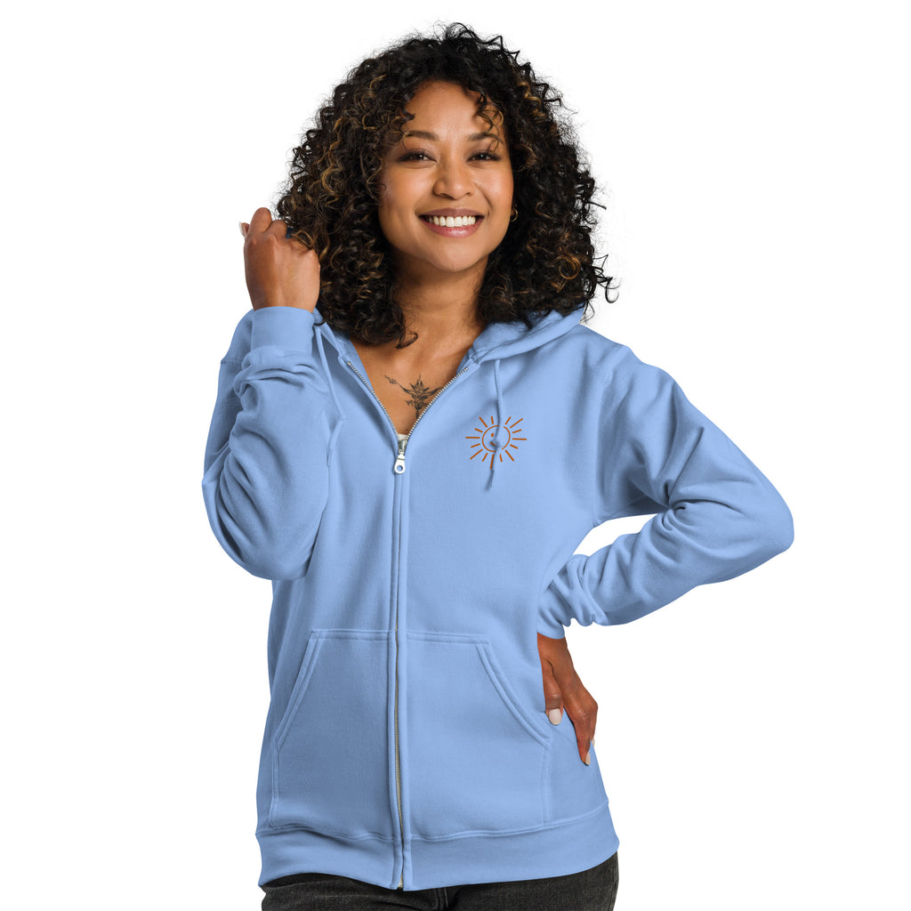 Sunshine Project You Are Not Alone zip-up hoodie in carolina blue – front view