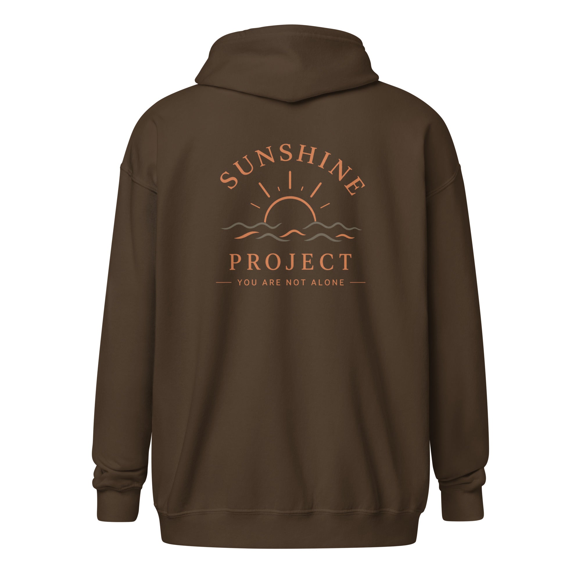 Sunshine Project You Are Not Alone zip-up hoodie in dark chocolate – back view