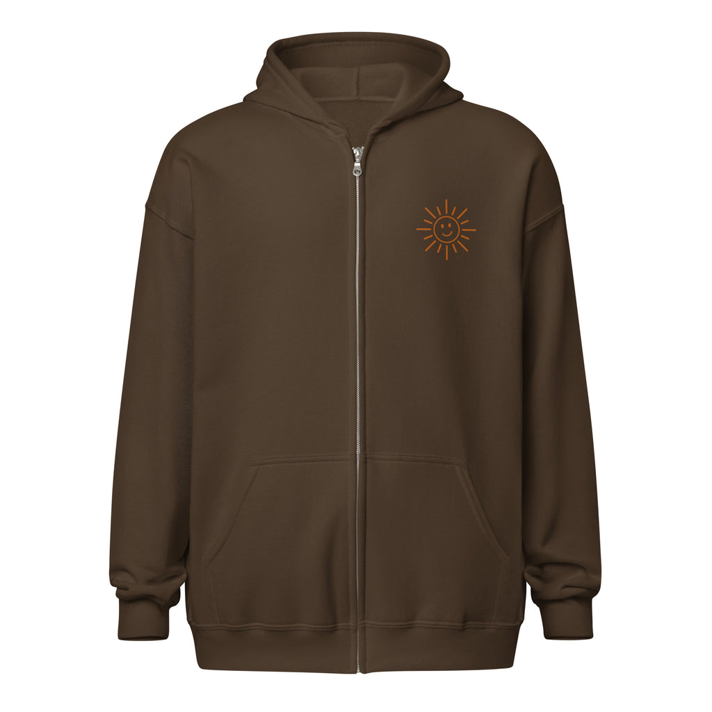 Sunshine Project You Are Not Alone zip-up hoodie in dark chocolate – front view
