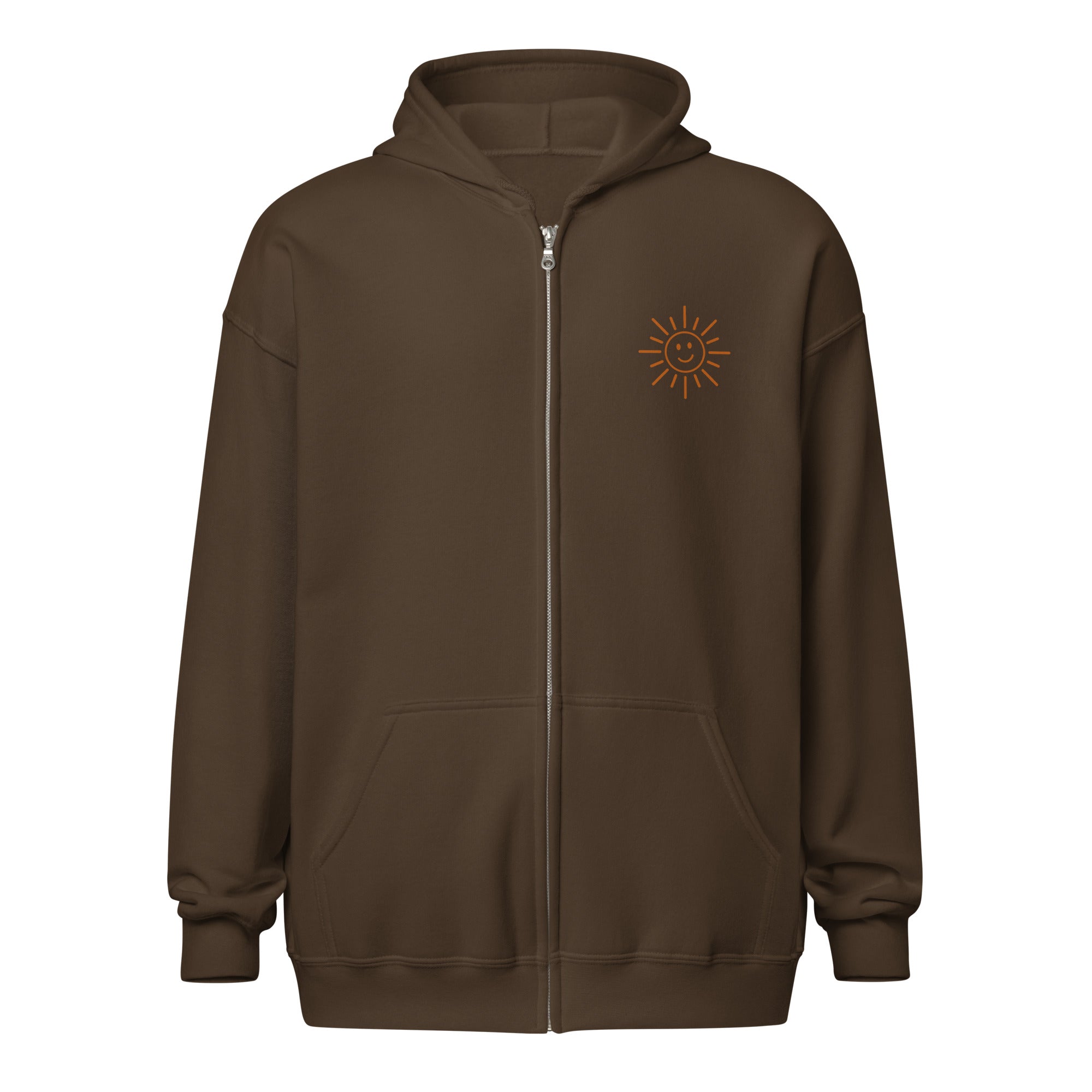 Sunshine Project You Are Not Alone zip-up hoodie in dark chocolate – front view