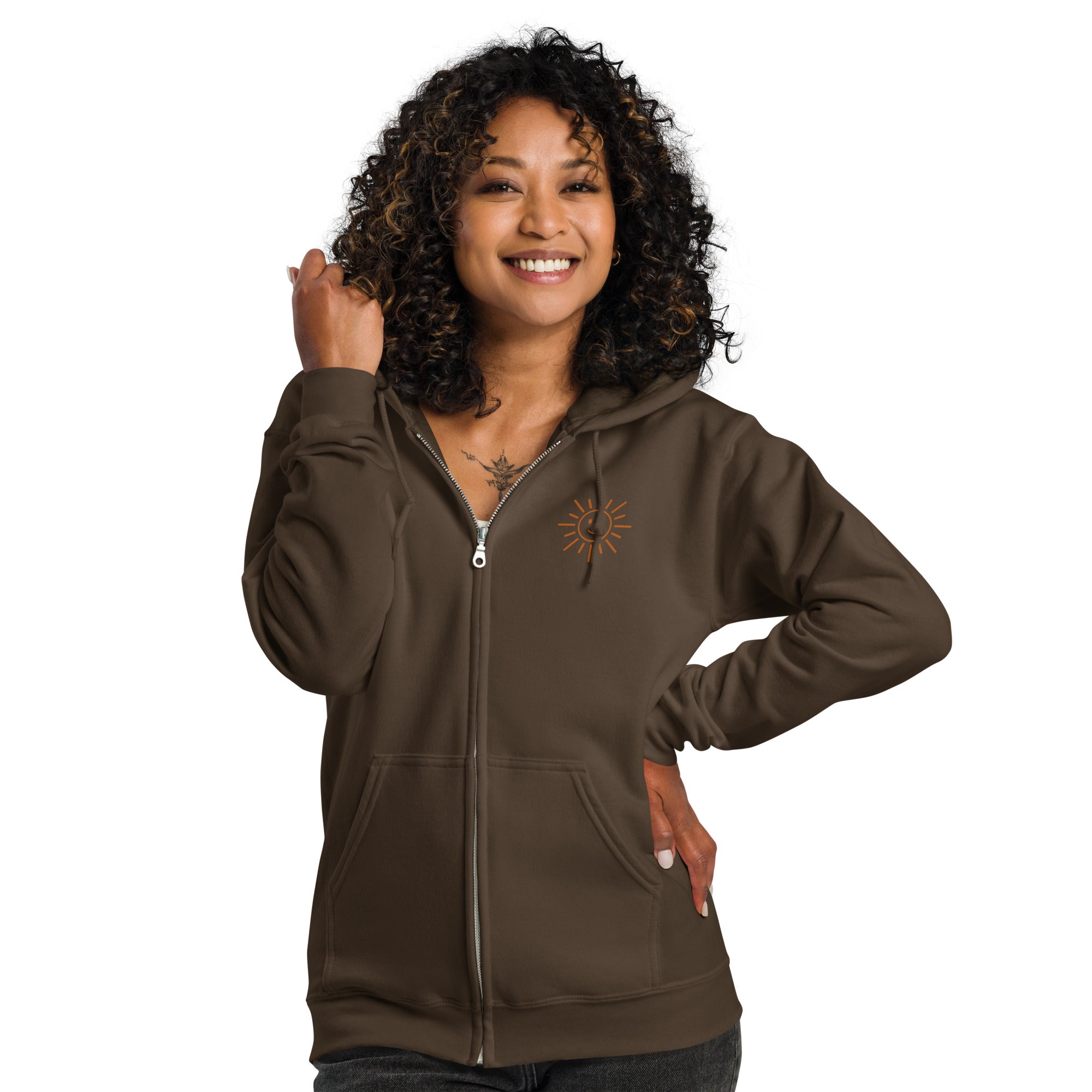 Sunshine Project You Are Not Alone zip-up hoodie in dark chocolate – front view
