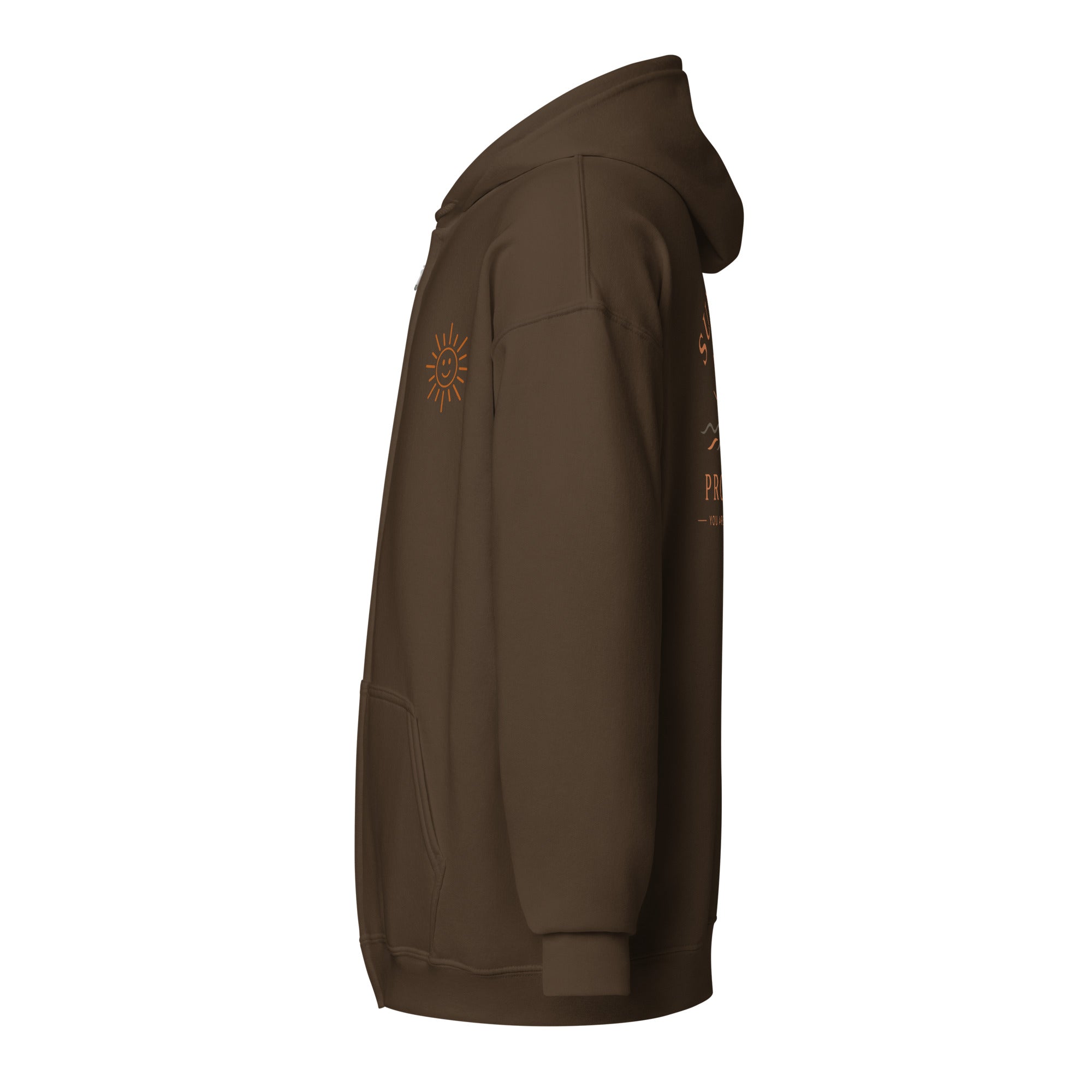 Sunshine Project You Are Not Alone zip-up hoodie in dark chocolate – left view