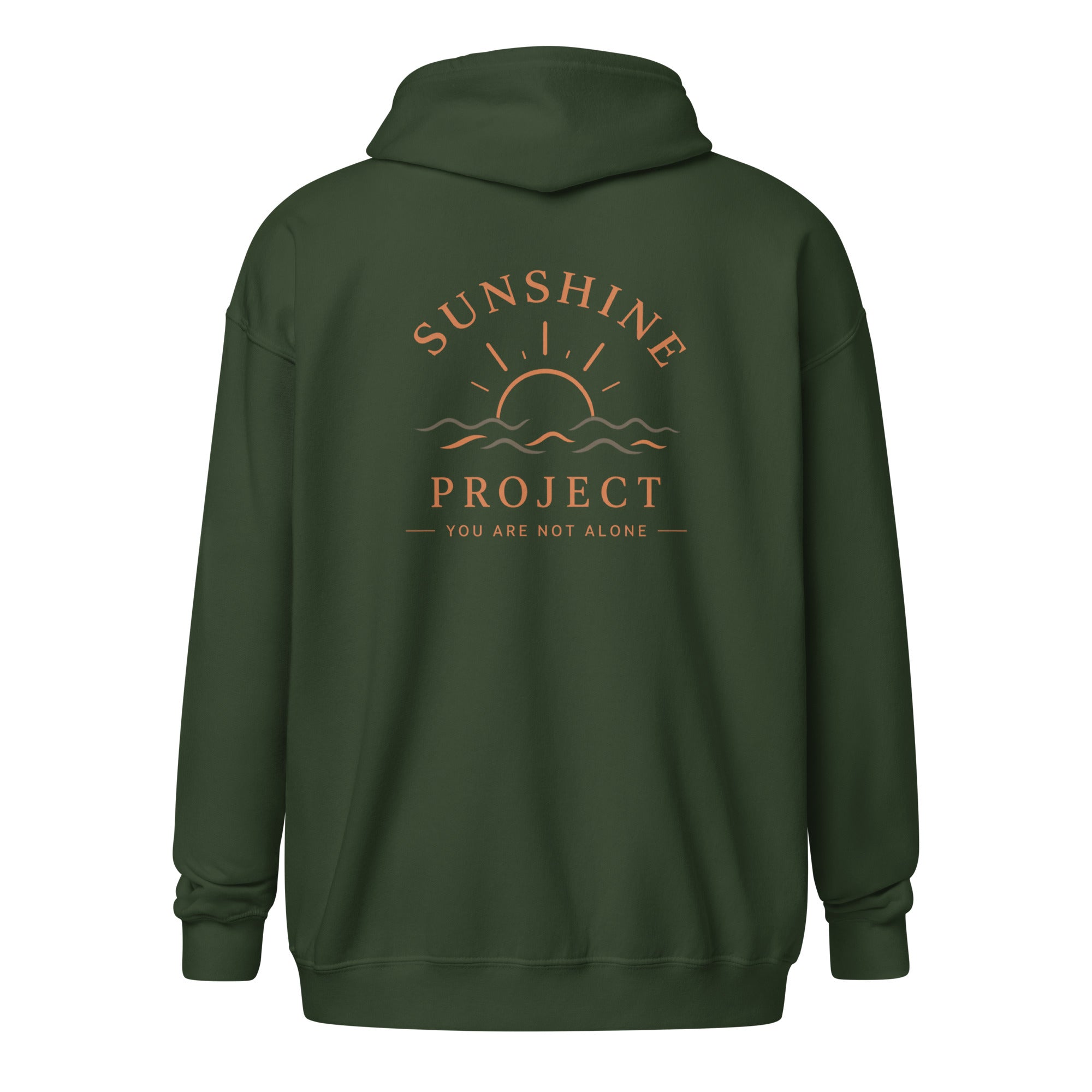 Sunshine Project You Are Not Alone zip-up hoodie in forest green – back view