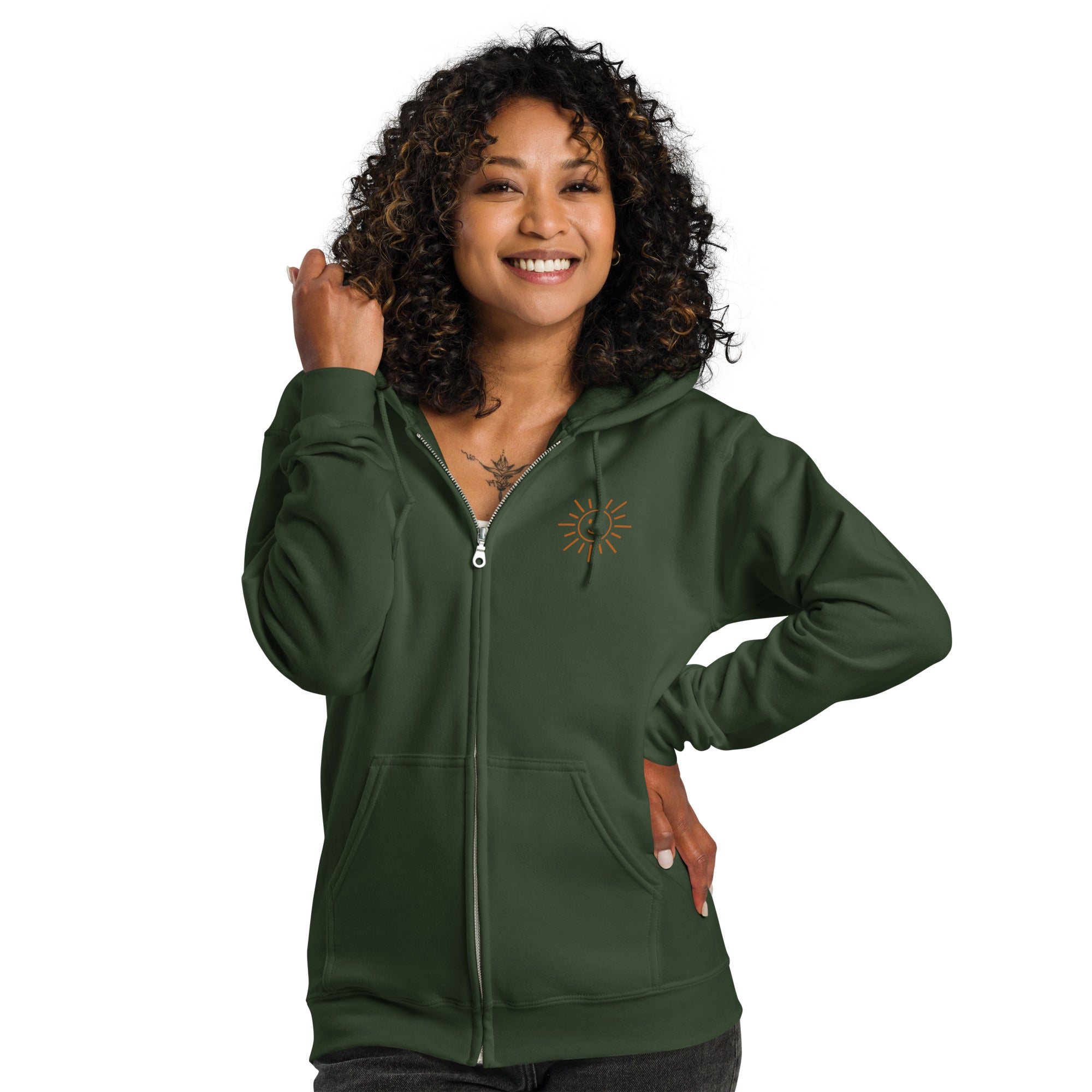 Sunshine Project You Are Not Alone zip-up hoodie in forest green – front view