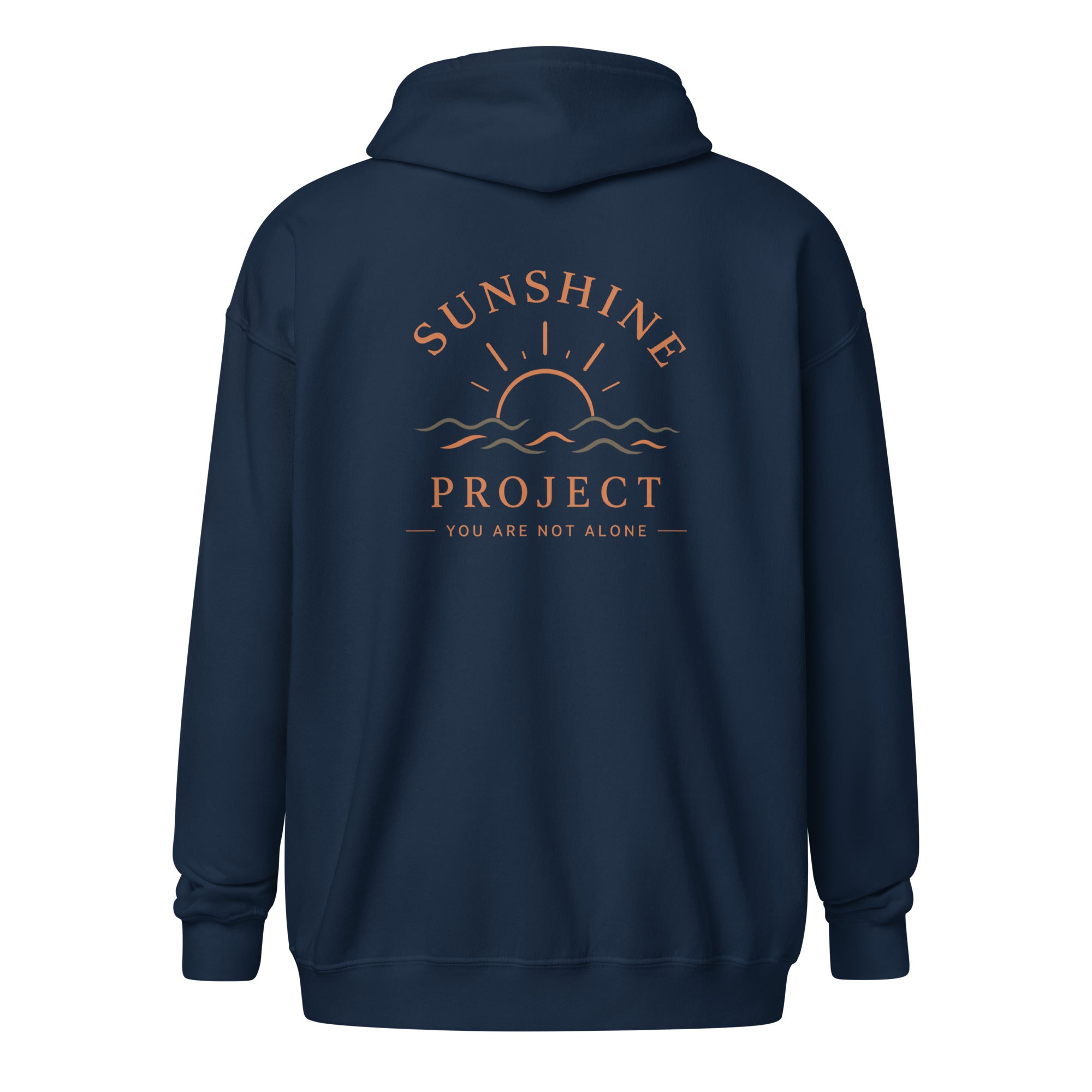 Sunshine Project You Are Not Alone zip-up hoodie in navy – back view