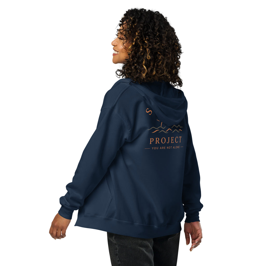 Sunshine Project You Are Not Alone zip-up hoodie in navy – back view