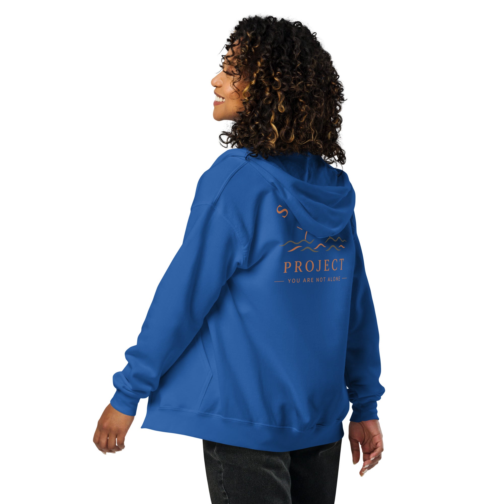 Sunshine Project You Are Not Alone zip-up hoodie in royal – back view
