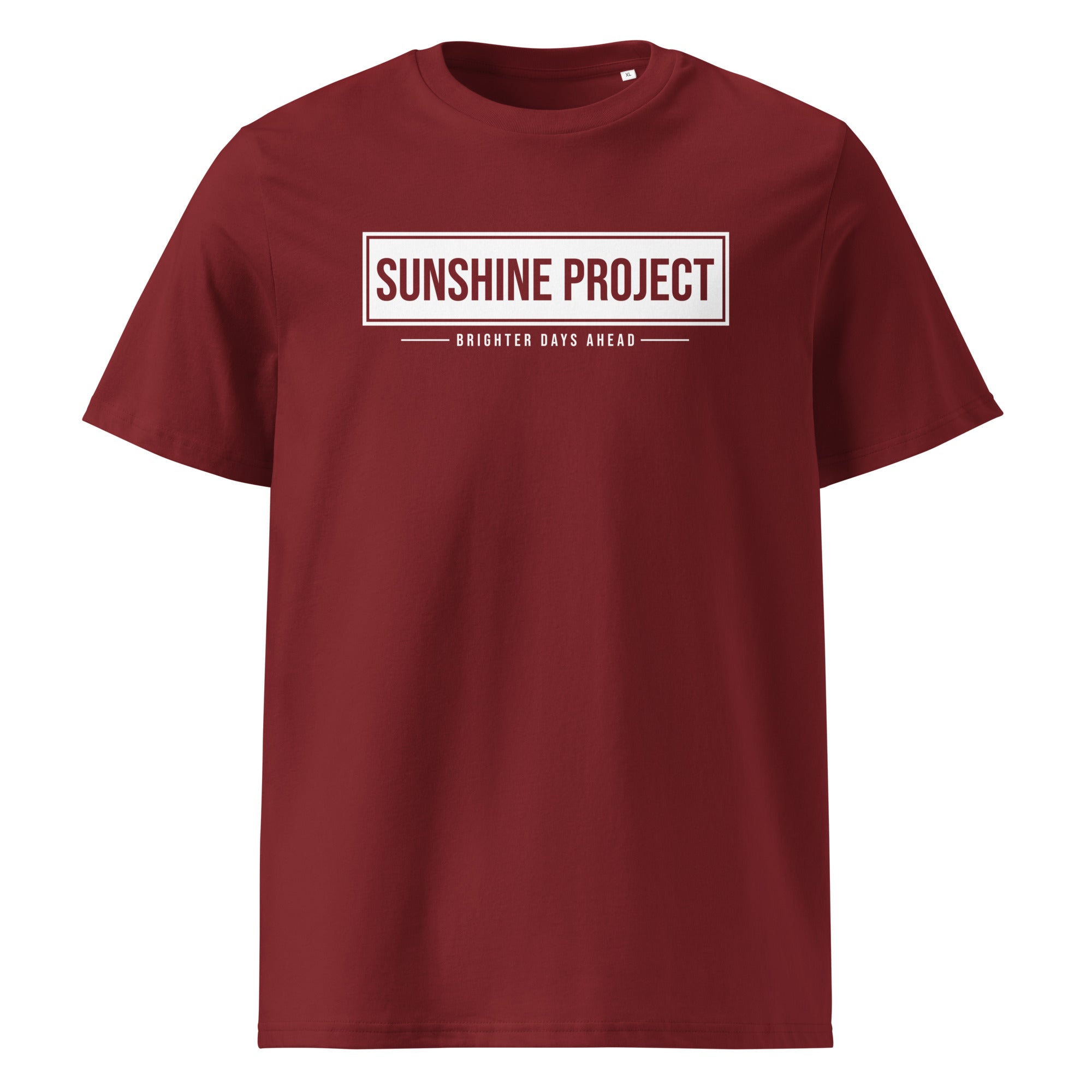 Sunshine Project Brighter Days Ahead organic cotton t-shirt in burgundy — front view