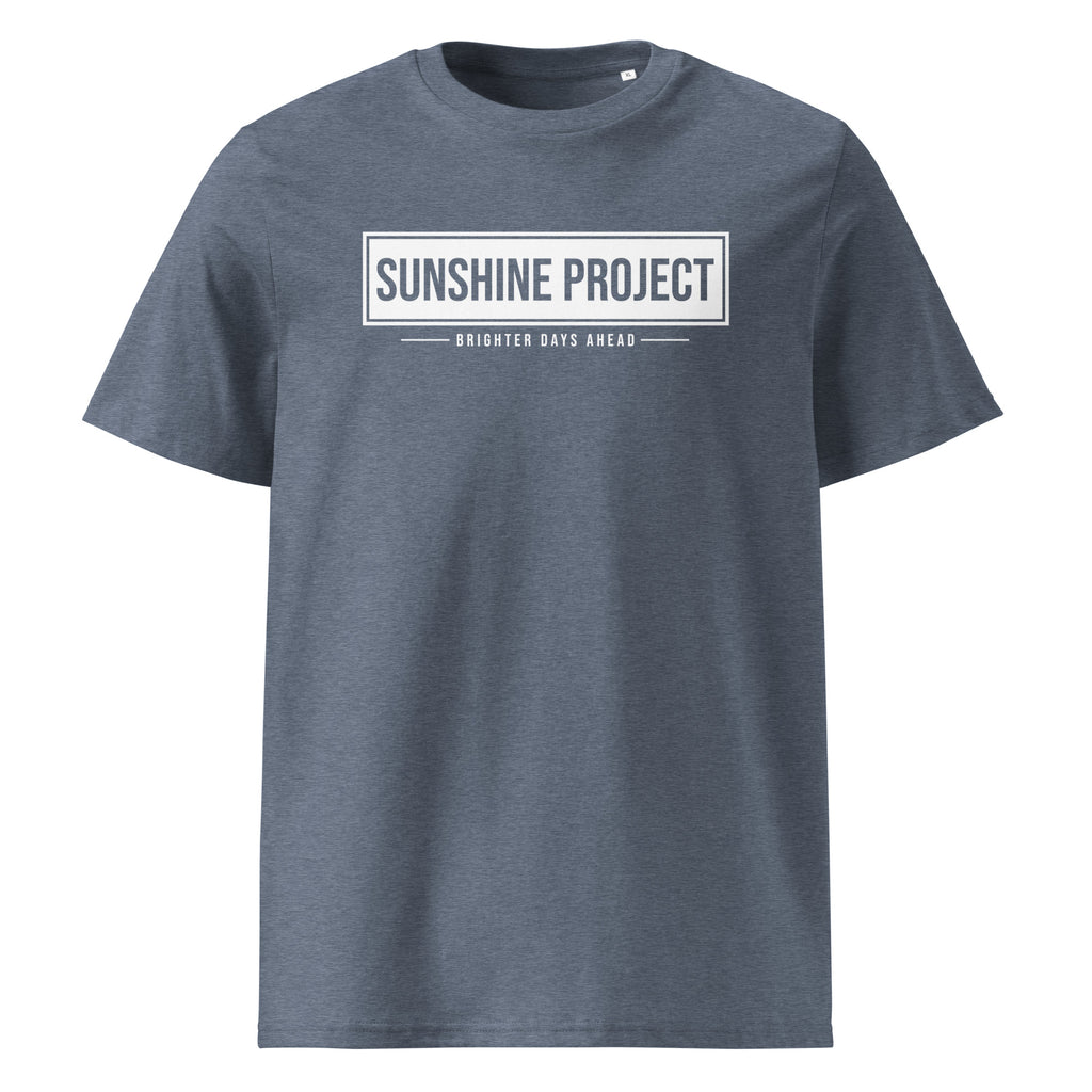 Sunshine Project Brighter Days Ahead organic cotton t-shirt in dark heather blue — front view