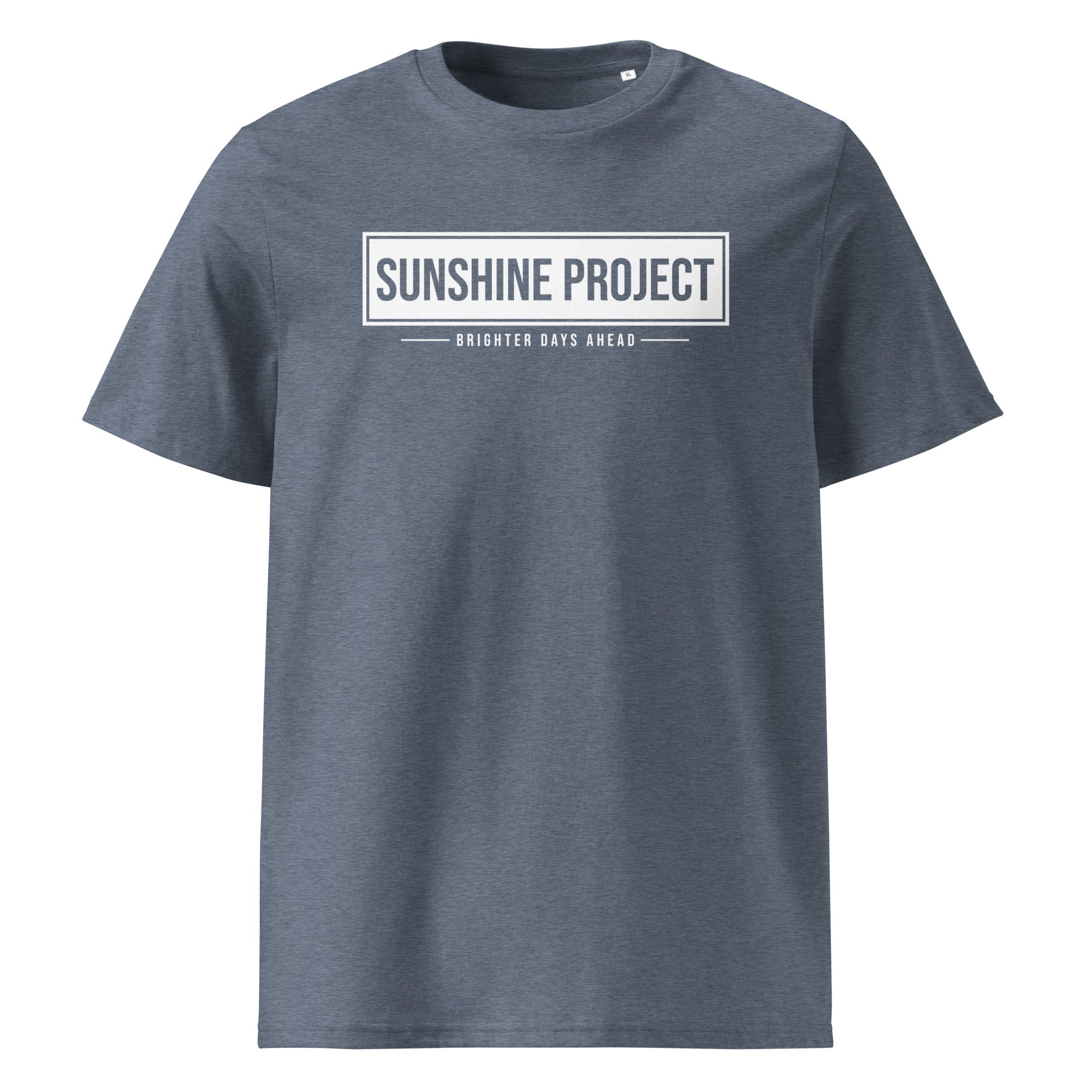 Sunshine Project Brighter Days Ahead organic cotton t-shirt in dark heather blue — front view