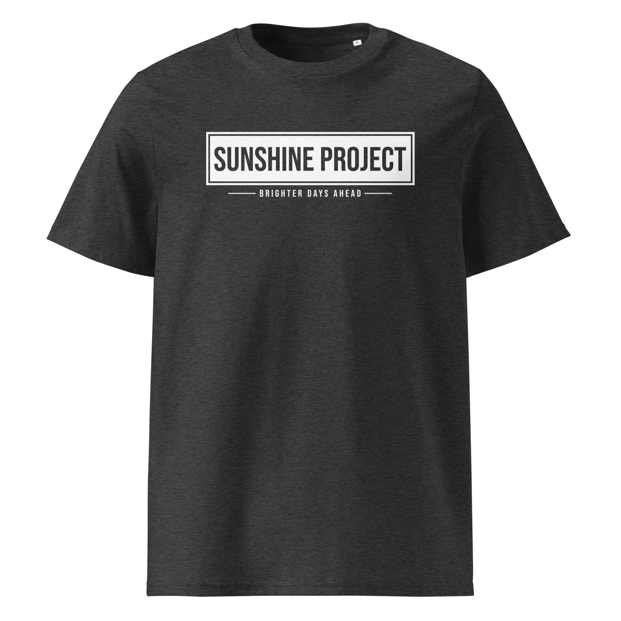 Sunshine Project Brighter Days Ahead organic cotton t-shirt in dark heather grey — front view