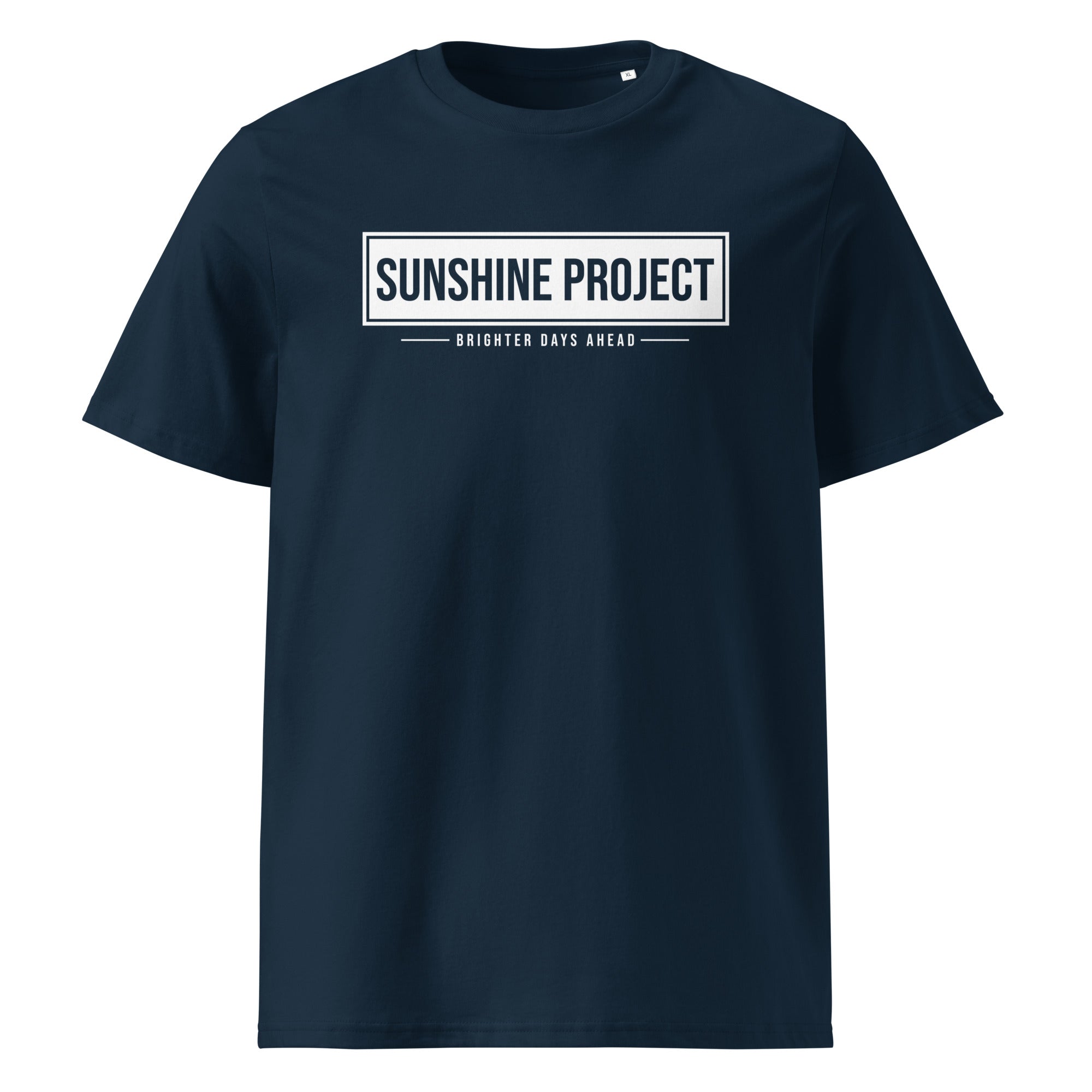 Sunshine Project Brighter Days Ahead organic cotton t-shirt in french navy — front view