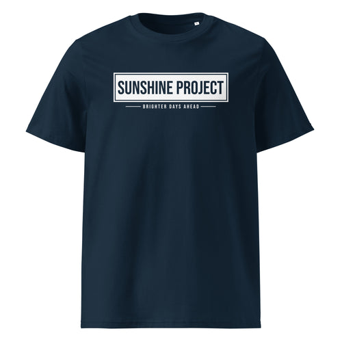 Sunshine Project Brighter Days Ahead organic cotton t-shirt in french navy — front view