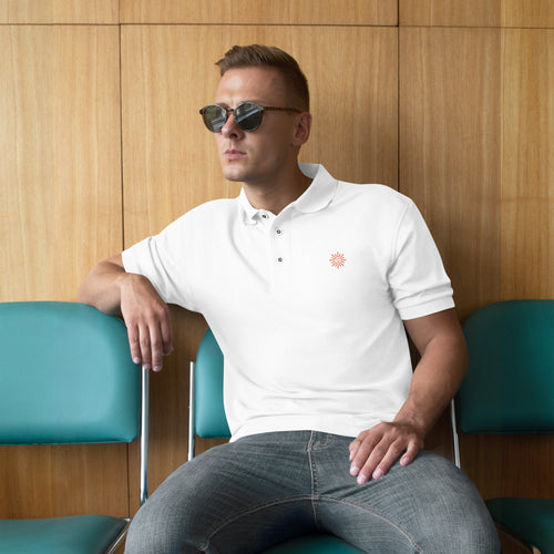 The Sunshine Embroidered Polo, white unisex premium polo shirt, front view