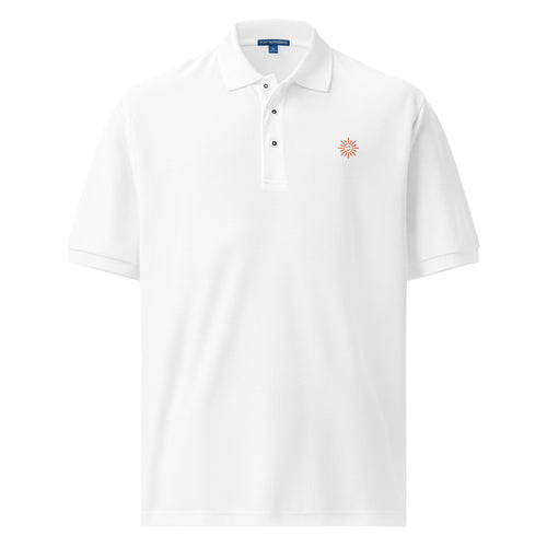 The Sunshine Embroidered Polo, white unisex premium polo shirt, front view