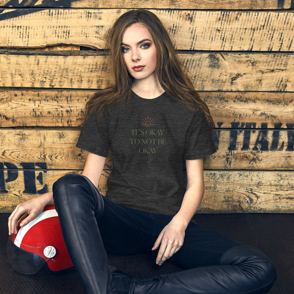 The Sunshine Project It's Okay to Not Be Okay tee in dark grey heather, front view