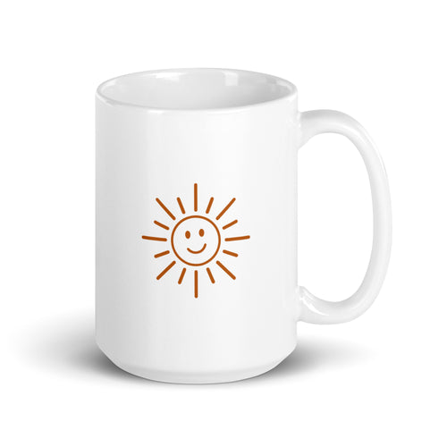 The Sunshine Mug, white glossy 15 oz mug with the handle on the right